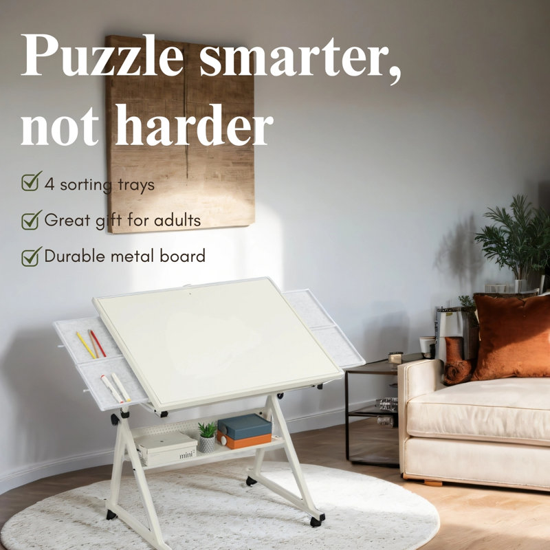 White Jigsaw Puzzle Table – Adjustable Height & Tilt, Felt Trays, Storage