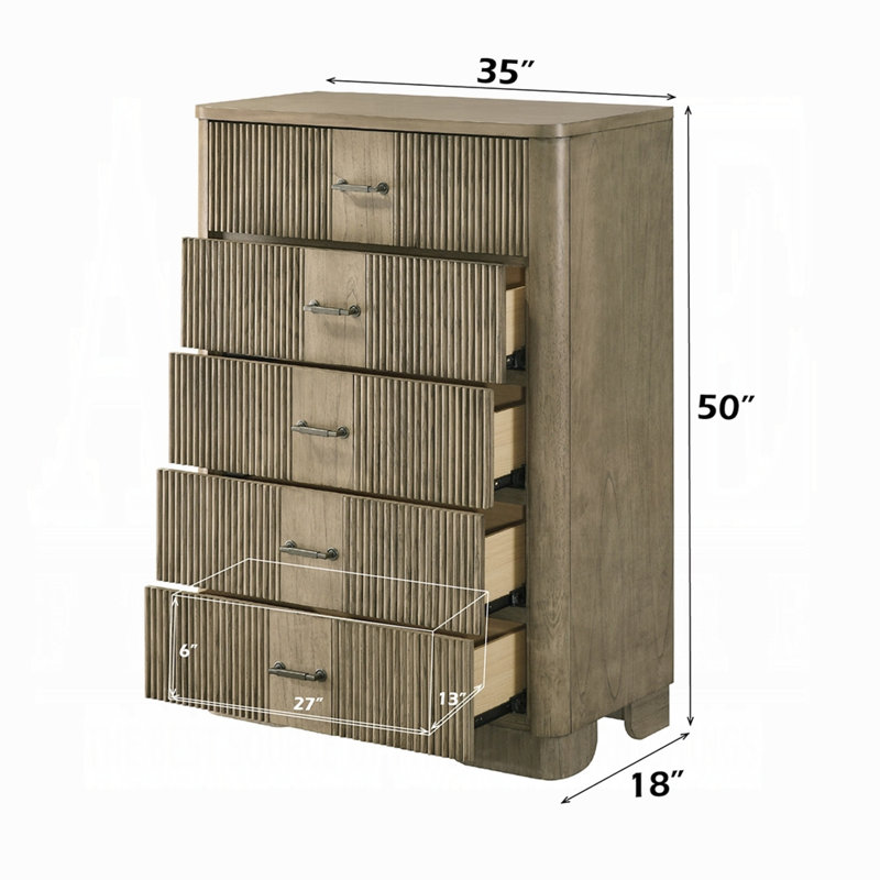 Leky Tall Dresser Chest, 5 Reeded Drawers With Handles, Antique Oak Brown