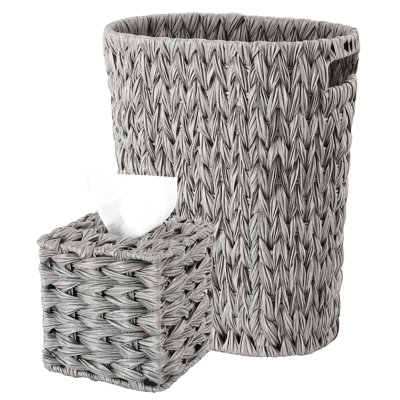 Wicker Trash Can And Square Tissue Box Set Handwoven Waterproof Waste Basket With Handles For Bathroom Grey