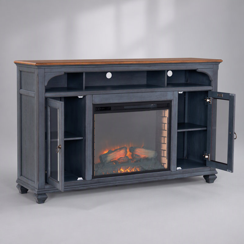 Meuble télé avec foyer électrique de style côtier, réglages de chaleur ajustables et étagères de rangement multimédia spacieuses.