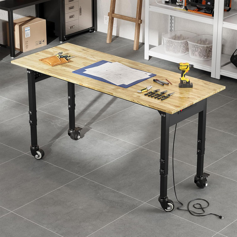 Établi robuste, capacité de 2 200 lb et hauteur réglable (27,9 po à 37,4 po), table d'atelier avec prises de courant et roulettes, plateau en bois d'hévéa pour le garage