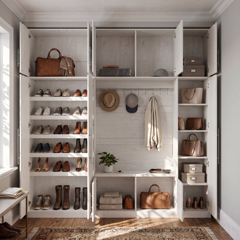Grand porte-manteau avec miroir pleine longueur, tringle à vêtements, banc à chaussures et rangement à plusieurs niveaux