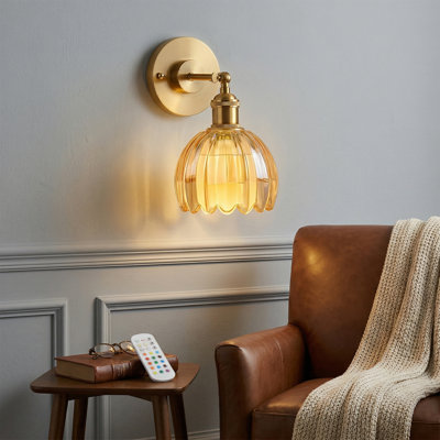 1-Light Vintage Battery Operated Wall Sconce with Amber Tulip Glass Lampshade Rechargeable Wall Light with Remote Control Dimmable Timer Wall Lamp for Bedside