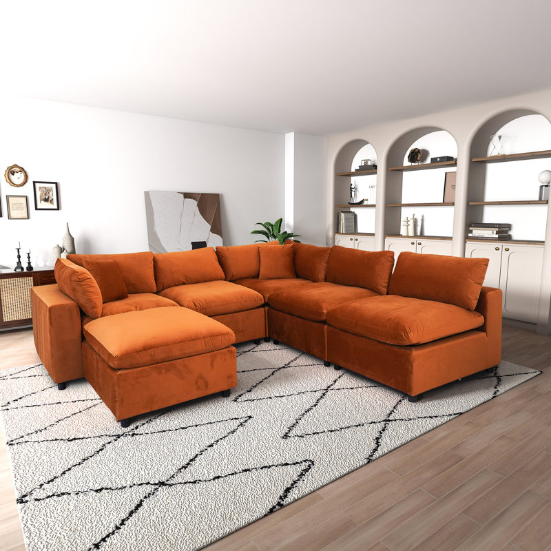 Canapé modulaire 6 pièces rembourré, Velours orange