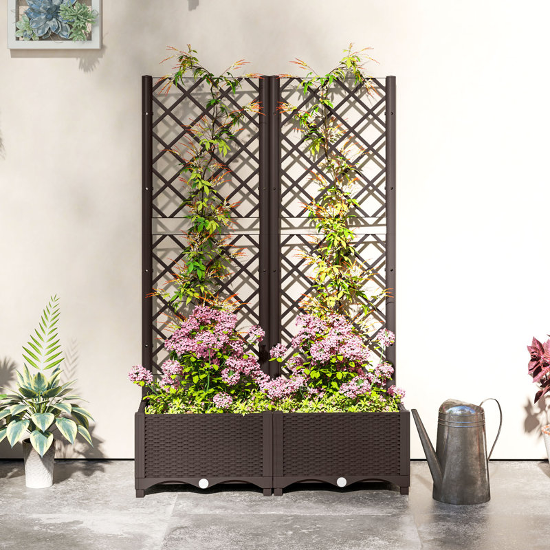 Outsunny Raised Garden Bed with Trellis, Plastic Planter Box, Brown, 123cm H x 80cm W x 40cm D