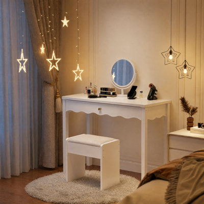 Vanity Desk with Scalloped Drawer, Makeup Dressing Table with Storage Drawer, Modern Farmhouse Writing Desk, Wooden Accent Table for Bedroom