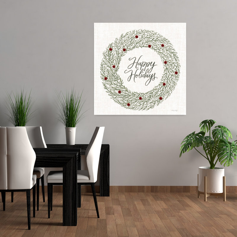 Joyeuses fêtes, couronne de broderie, pin, art contemporain d'hiver, H 36 po x l 36 po
