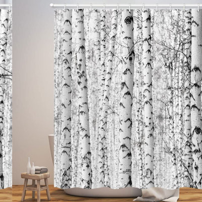 Winter Birch Forest Shower Curtain - Rustic Gray Tree Bathroom Decor, Neutral Black and White Bath Set, with Hooks Included