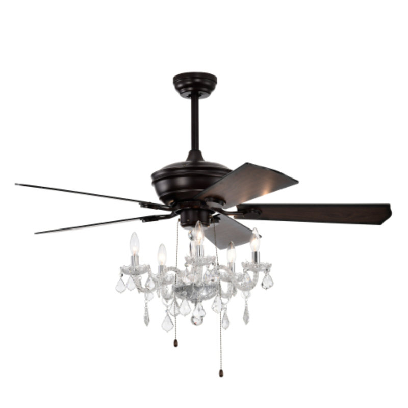 52" Crystal Shade Ceiling Fan Lamp, 3 Speeds, 4 Timers, 5 Reversible Blades, Hand Pull Chain, 5 Pcs E12 Sockets (Bulbs Not Included)