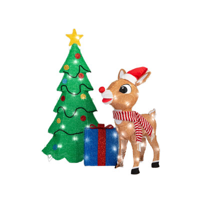 3D Holiday Lighted Tinsel Sculpture-Rudolph Scene with Tree & Presents-24"-Rudolph
