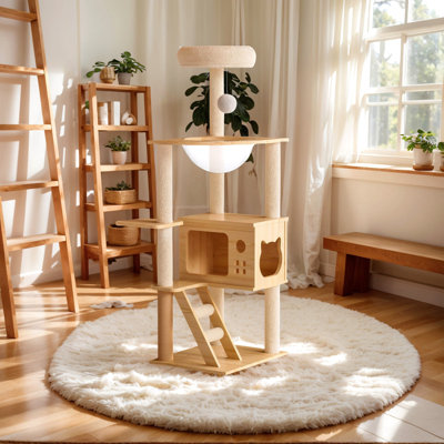 Tour à chat moderne de 48,8 po, arbre à chat en bois pour chats d'intérieur, arbre à chat avec poteaux à griffes recouverts de sisal et perchoir supérieur, maisonnette pour chat avec hamac en acrylique pour petits chats