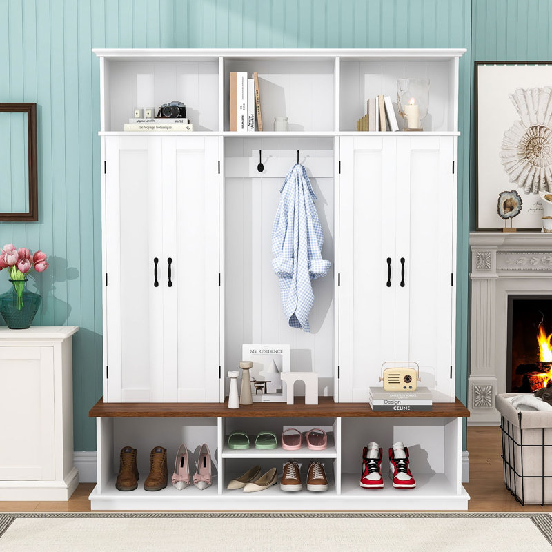 Entryway Hall Tree with Bench, 3 Top Cubbies, 6 Hooks, Side Cabinets and Shoe Storage, White