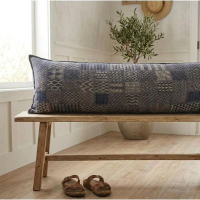 Artisan Hand Loomed Cotton Lumbar Pillow - Indigo Blocks - 16"x48"