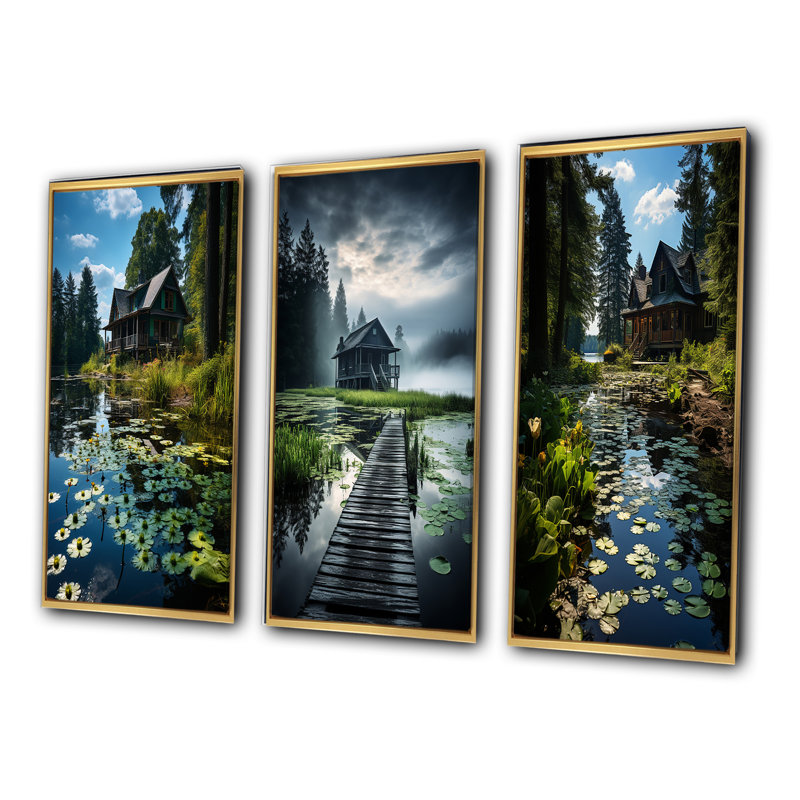 «Lakehouse Whispering Waters», 3 pièces sur toile, Encadrement doré, H 20 po x l 36 po