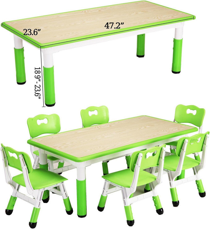 Height Adjustable Kids Table & 6 Chairs Set, Multi-Activity Desk for Ages 2-10, 300lb Capacity, Green