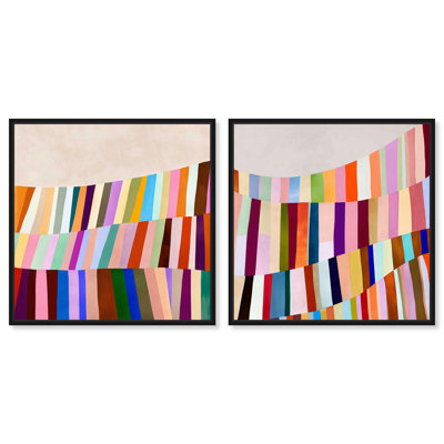 Rainbow Ribbons Canvas Print Colorful Wall Decor Set by Art Remedy, Black Frame, 12 x 12