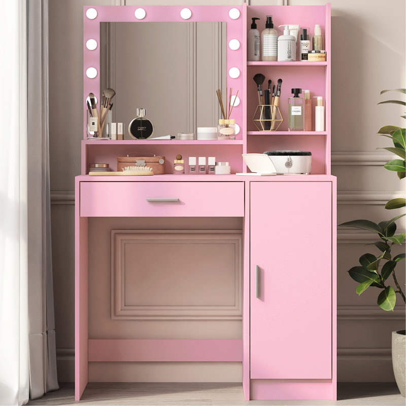 Bedroom Dressing Table With Lights - 3 Lighting Modes, Large Storage, Particle Board Construction Vanity Desk Mirror, Spacious Storage Dresser, White For
