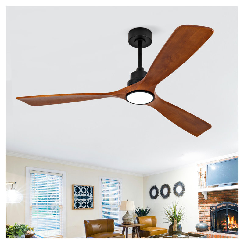 Ventilateur de plafond moderne de 60 pouces avec lumière DEL et télécommande, conception en bois de sycomore massif à 3 pales, noir et noyer foncé