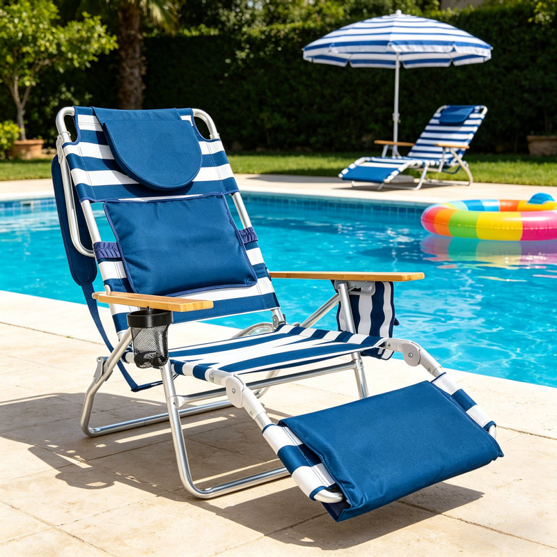 Deluxe 3-In-1 Lightweight Lawn & Beach Reclining Lounge Chair With Footrest, Outdoor Patio Furniture For Balcony, Backyard & Porch, Blue Stripe