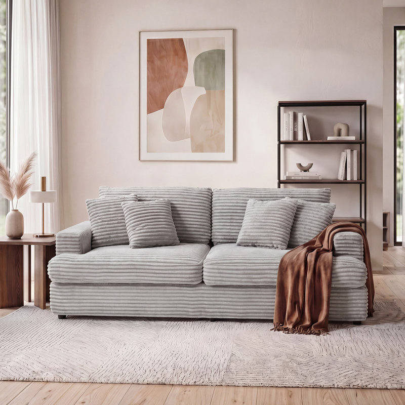 Corinne Corduroy Sofa With 4 Pillows, Individually Wrapped Coil Cushions & Wide Seat, Easy Assembly, Gray