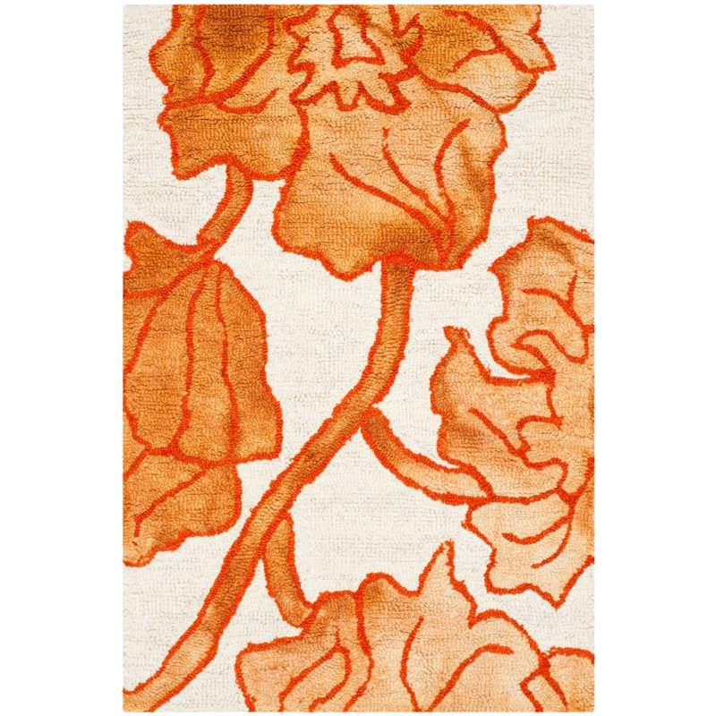 Tapis floral ivoire / orange en laine / coton touffeté à la main Coleman, Rectangle 3 pi x 5 pi