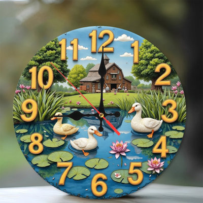 ducks pond farm house clock scene