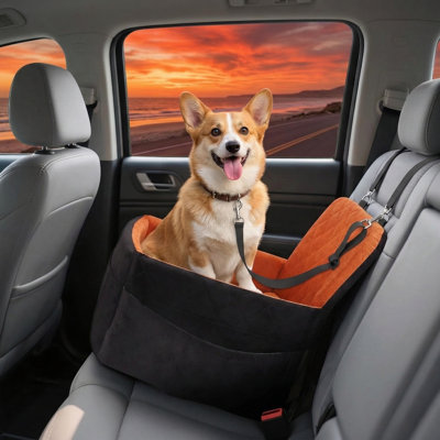 Pet booster seat suitable for dogs 15-35 pounds; features soft 4+2 inch detachable pads, removable elevated cushion, and washable cover; brown finish.