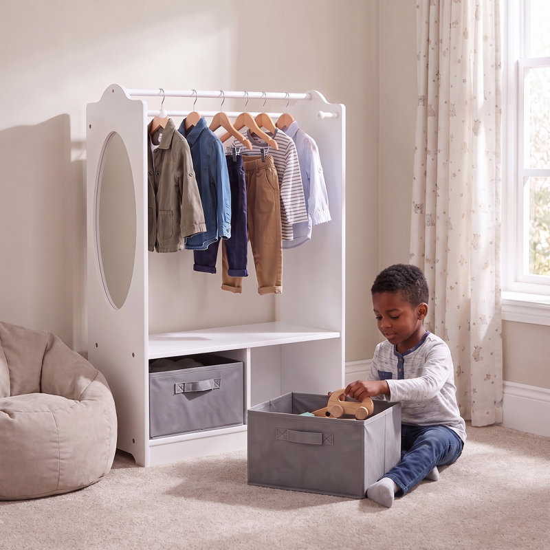  White Wooden Dress Up Unit With Grey Storage Boxes Wardrobe