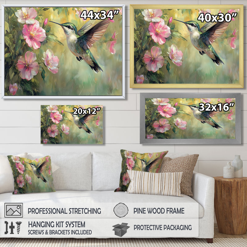 Colibri dans le jardin de la ferme I - oiseau, art mural, H 16 po x l 32 po, Toile tendue, Ne s’applique pas