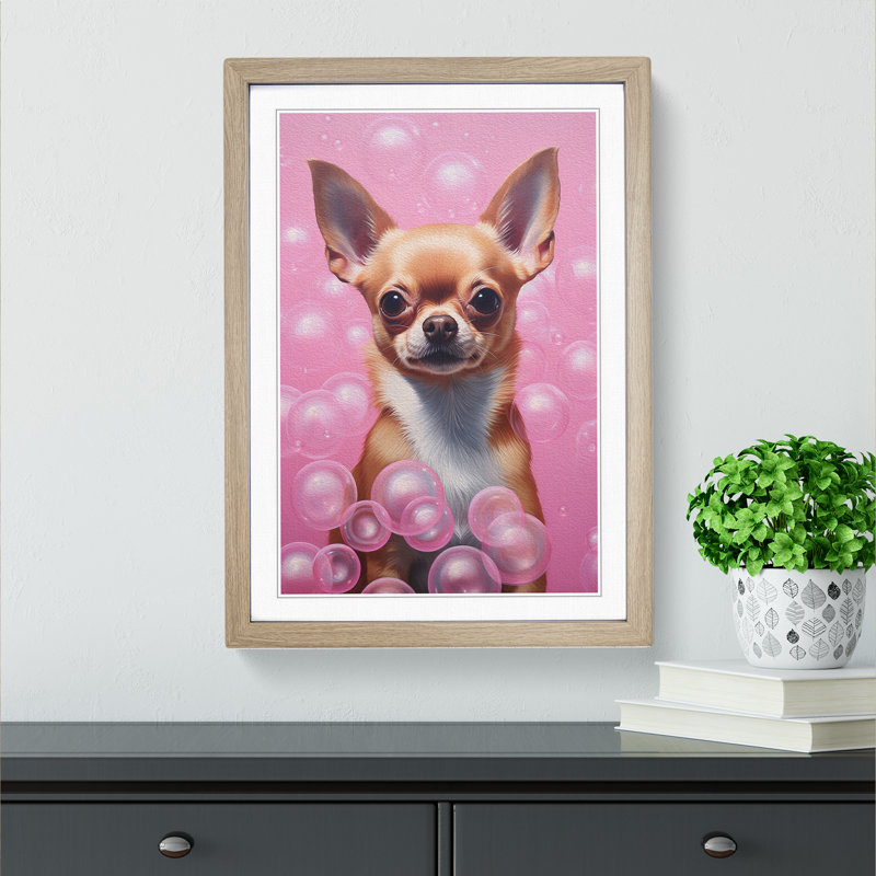 Chihuahua Bubble Gum - Single Picture Frame Print on Wood, Oak Framed, 34cm H x 25cm W x 2cm D