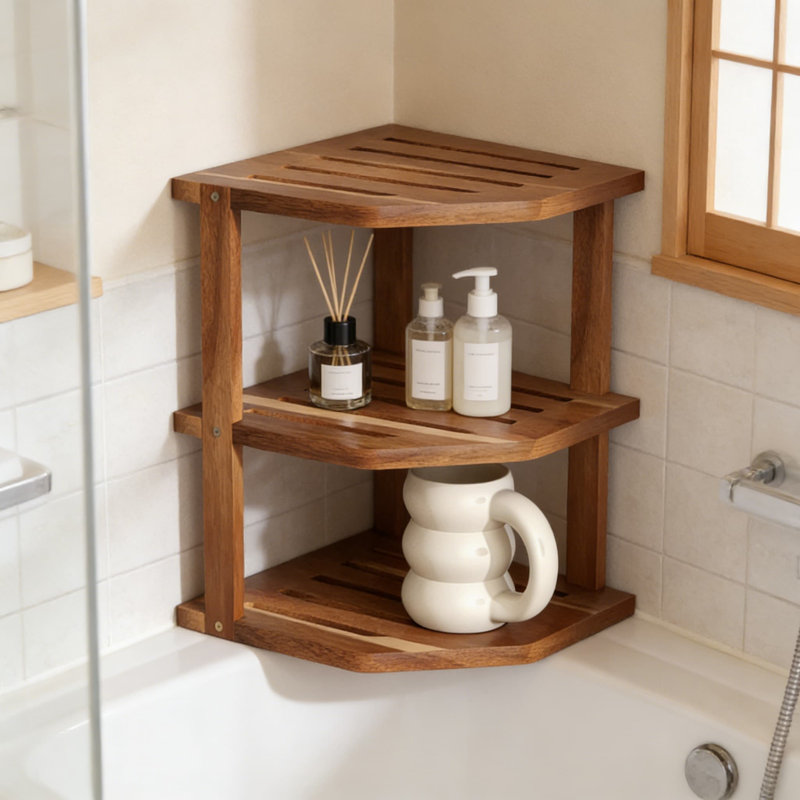 Étagère de coin à 3 niveaux, séchoir à vaisselle en bois d'acacia et rangement pour épices pour comptoir de cuisine, armoire, garde-manger et salle de bain