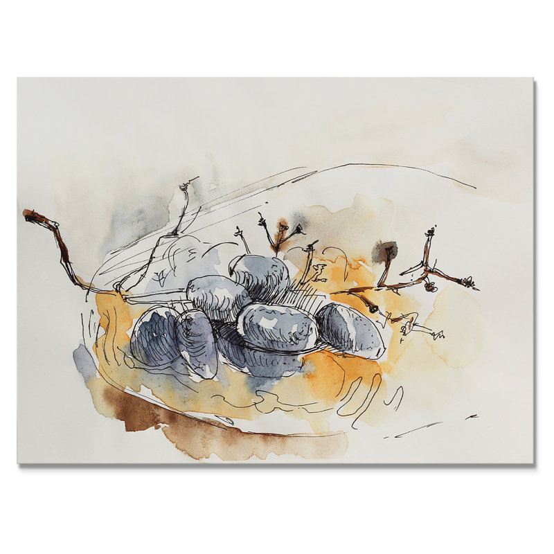 Raisins bleu foncé sur une plaque orange - peinture sur toile, Toile tendue, H 16 po x l 32 po