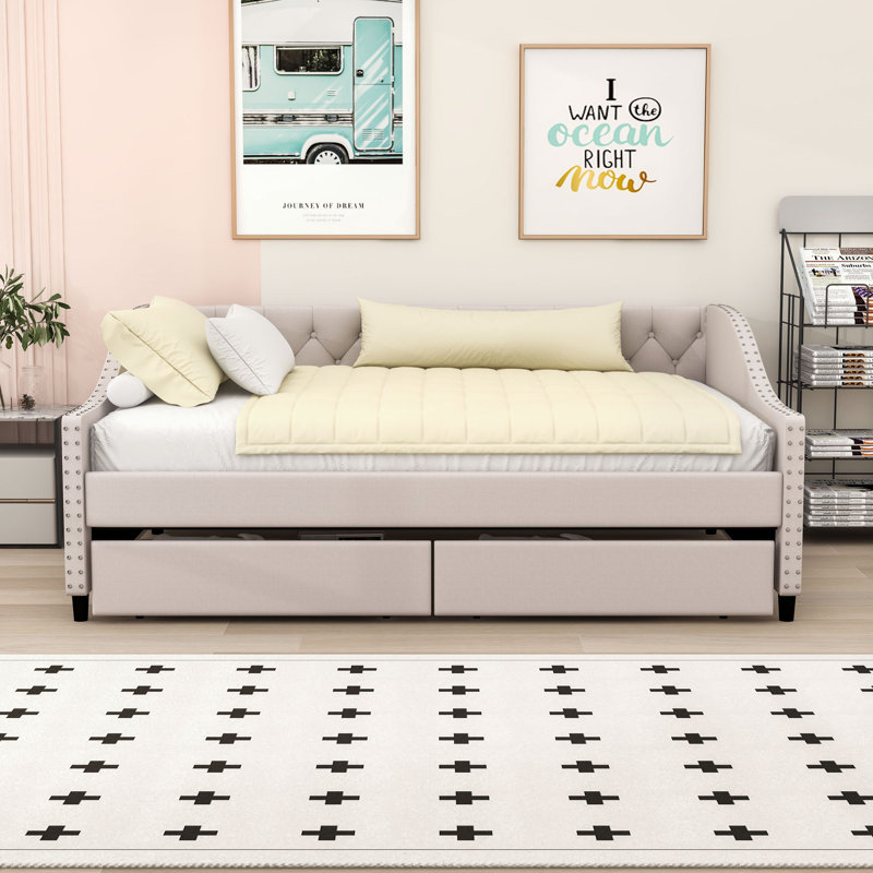 Full Size Upholstered Daybed with Tufted Backrest and Storage Drawers, Beige