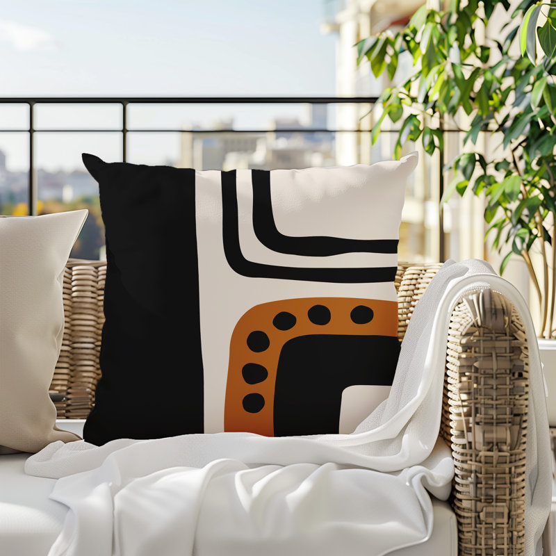 Oreiller carré réversible intérieur / extérieur Tobe Minimalist, H 15 po x l 15 po, Orange brûlé / noir / blanc cassé