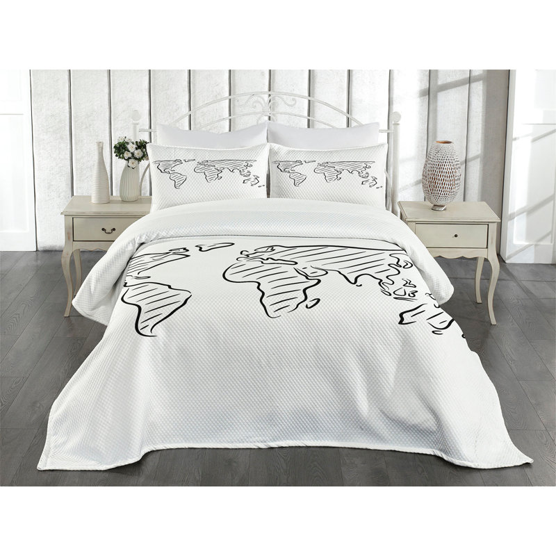 Ambesonne World Map Bedspread Set Sketch Outline Black White, King Coverlet / Bedspread + 2 Standard Shams