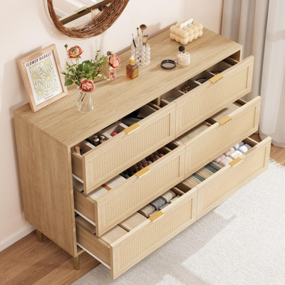 6 Drawer Rattan Dresser with Gold Accents, Wide Double Dresser with Anti-Tipping Design, Large Tabletop Storage Cabinet