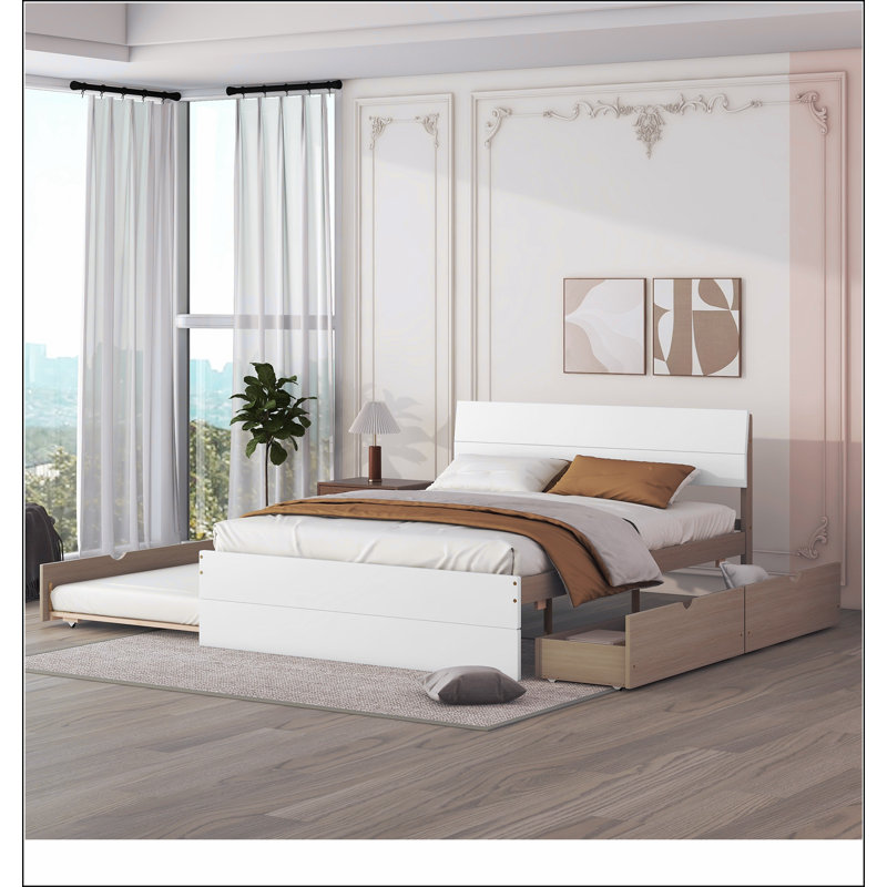 Cadre de lit double avec lit gigogne et 2 tiroirs pour blanc ultrabrillant, Blanc / Chêne