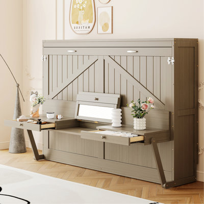 Lit escamotable mural avec rangement, armoire-lit pliable avec coiffeuse, miroir central et 2 tiroirs latéraux