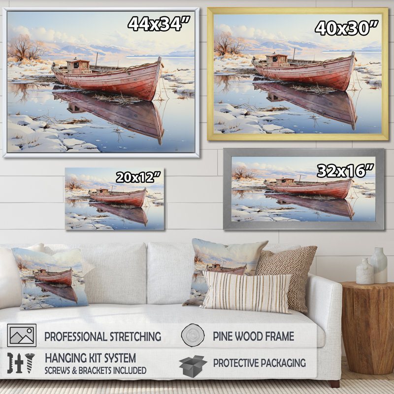 Rouge et blanc, bateau de pêche d'hiver Tranquility I - art mural minimalisme, Cadre flottant brun