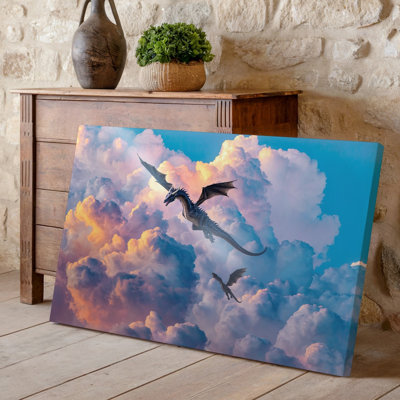 Toile, une scène à couper le souffle de deux majestueux dragons qui planent à travers un art mural, ciel vibrant rempli de nuages