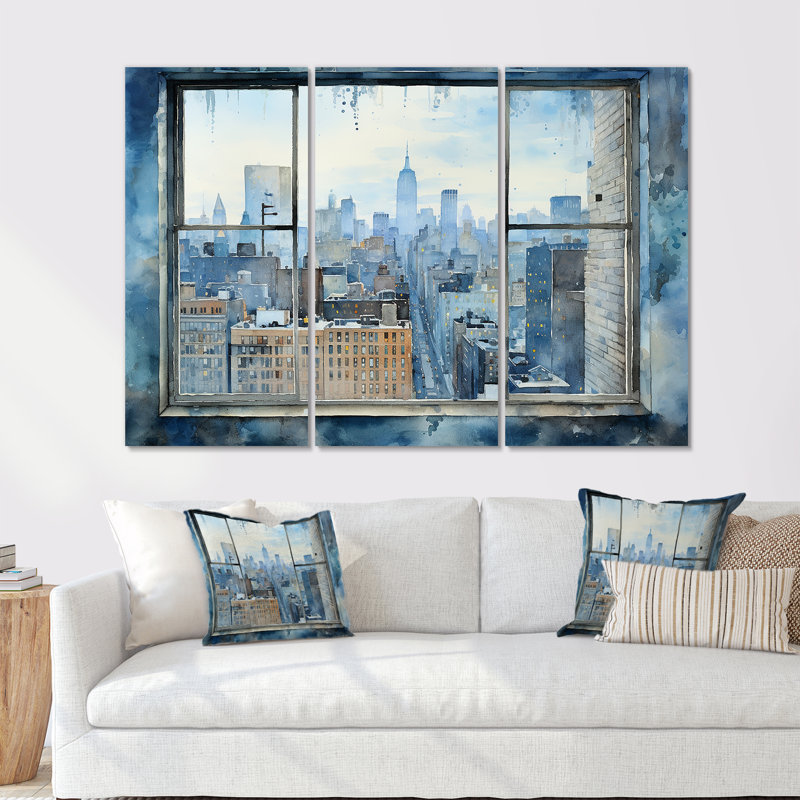 Art mural rétro bleu New York Window View I - New York City, Toile tendue, H 40 po x l 60 po