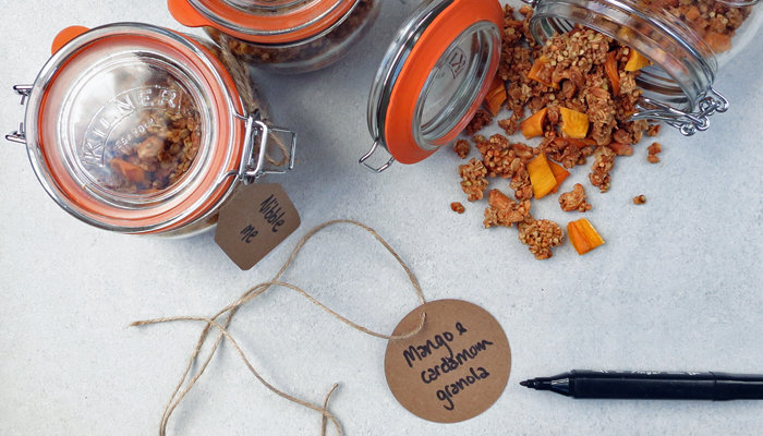 This sweet and nutty granola recipe is the perfect gift to include in a homemade Christmas hamper.