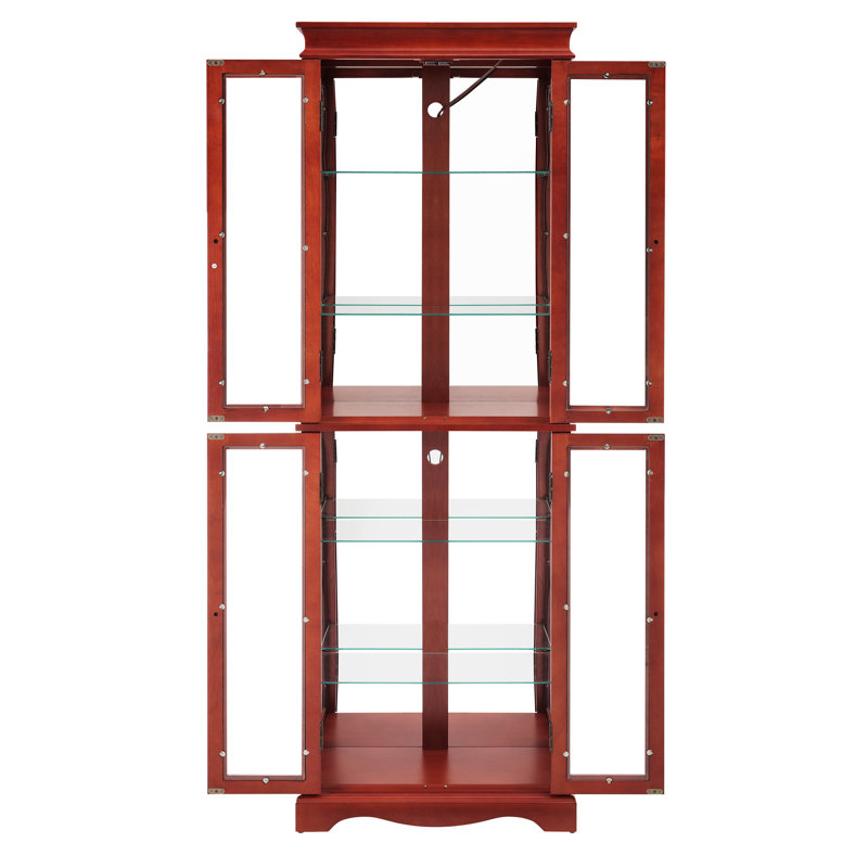 Cherry Finish Display Cabinet With Illuminated Shelves, Adjustable, Movable Partition For Pantry Intricate Function -