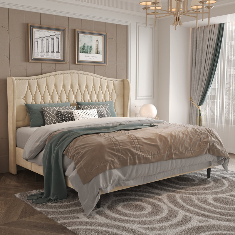Upholstered Tufted Headboard Bed Wingback Bed, King, Beige