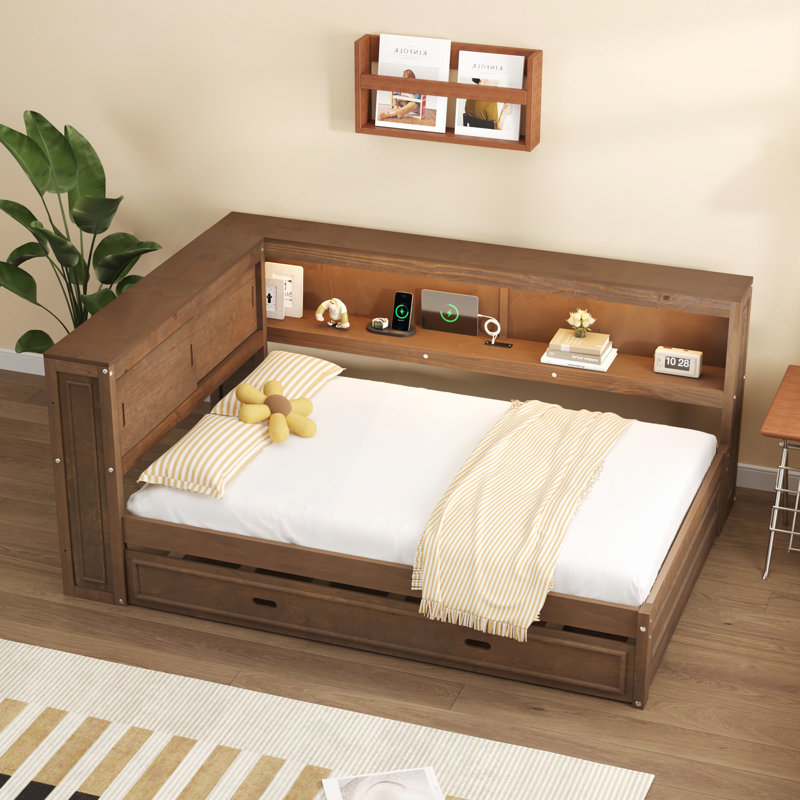 Lit de jour en bois avec tablettes de rangement, USB, DEL et lit gigogne, Bois