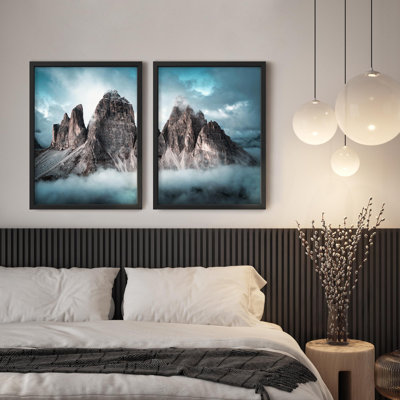 Framed Wall Art Print Craggy Mountain Landscape with Cloudy Skyline & Fog Nature Illustration Decorative for Living Room, Bedroom, Office