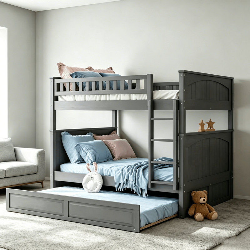 Full Over Full Convertible Bunk Bed With Trundle, Brushed Grey
