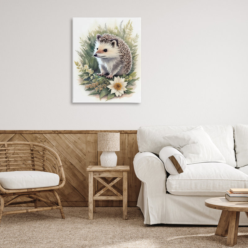Art mural sur toile Hérisson et fleur blanche par Denise Dundon, H 40 po x l 30 po x P 1,5 po