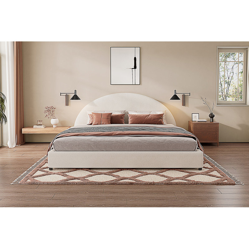 Très grande base de lit avec tête de lit arrondie rembourrée Boucle, Très grand lit