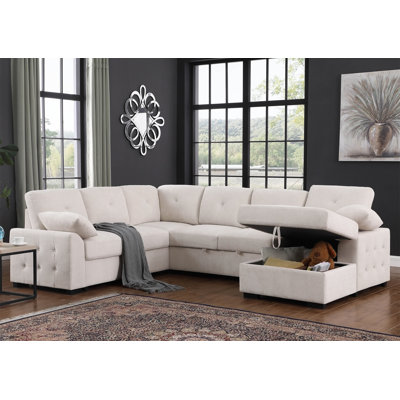 Upholstered Corner Sectional With Pull Out Loveseat And Storaged Chaise